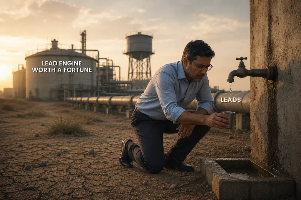 Why B2B leads don't convert: a founder kneels at a dry tap labelled Leads beside an industrial lead engine plant