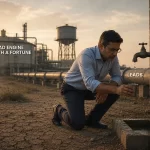 Why B2B leads don't convert: a founder kneels at a dry tap labelled Leads beside an industrial lead engine plant
